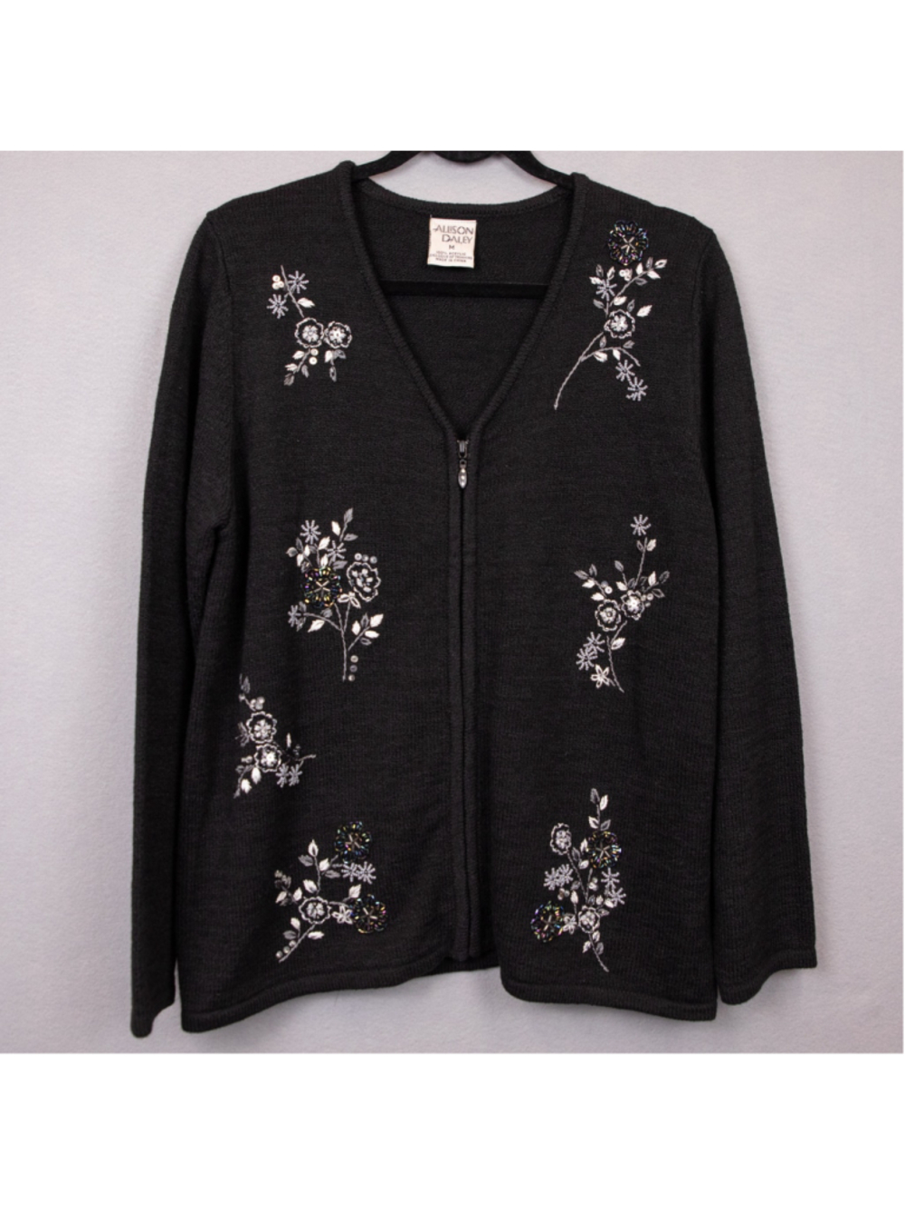 Allison Daley black floral beaded embroidered full zip cardigan-M